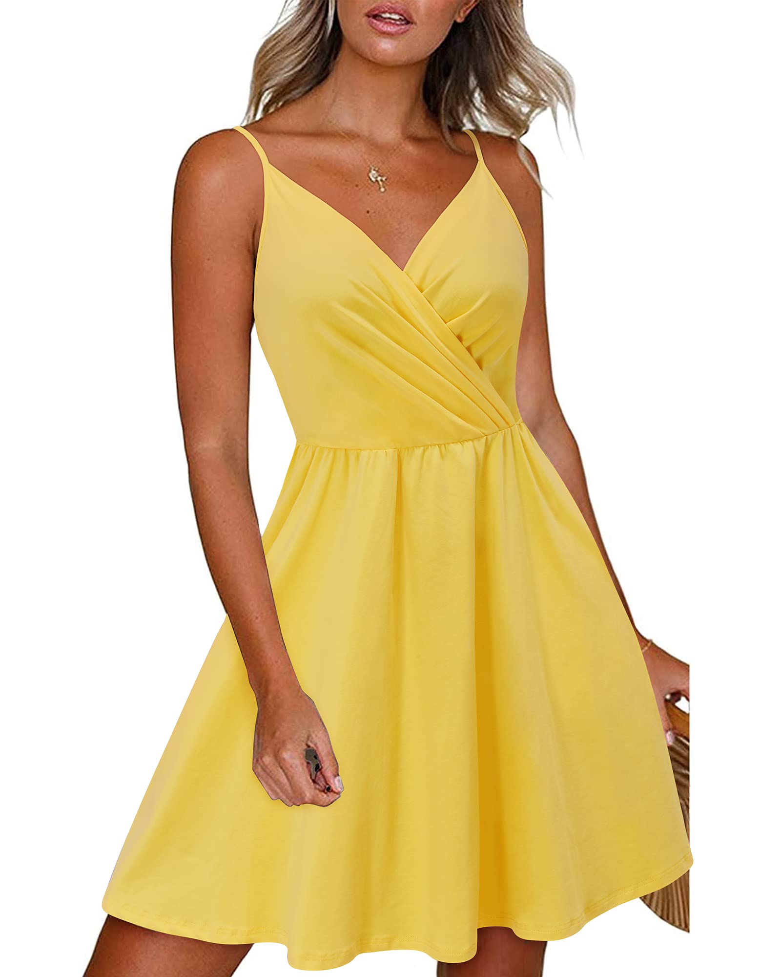 Newshows Women's Summer Dress 2025 Spaghetti Strap Sleeveless V Neck Casual Swing Sundress with Pockets