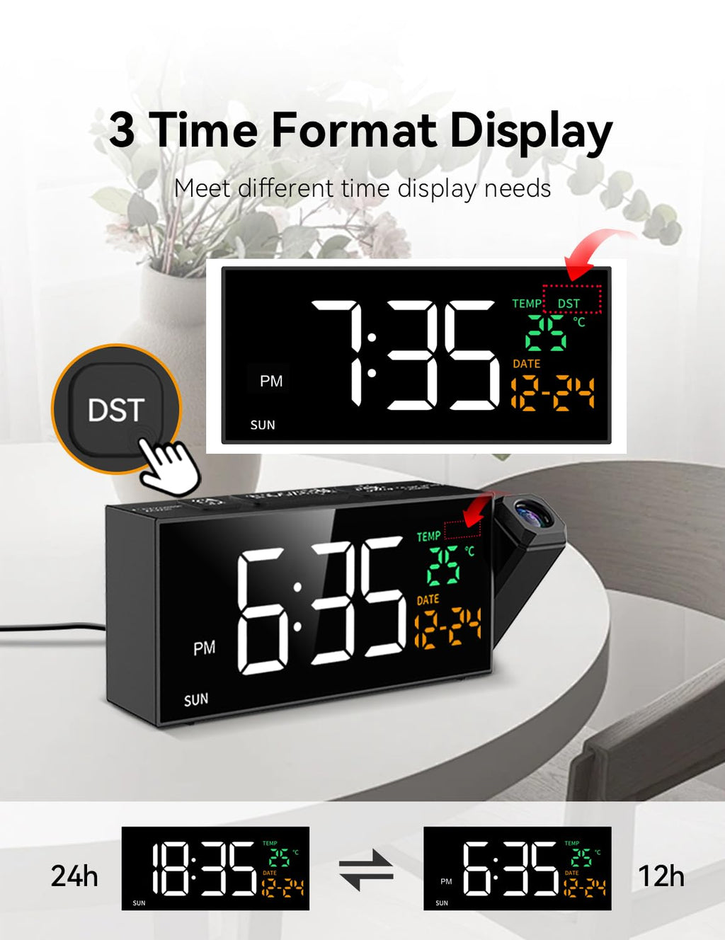 Netzu Projection Clock for Bedroom Ceiling, Alarm Clocks with 180° Rotatable Projector, Date Temperature and Weekday, Manual DST, 5 Brightness, 10 Ringtones, 4 Volumes and Snooze (Black)