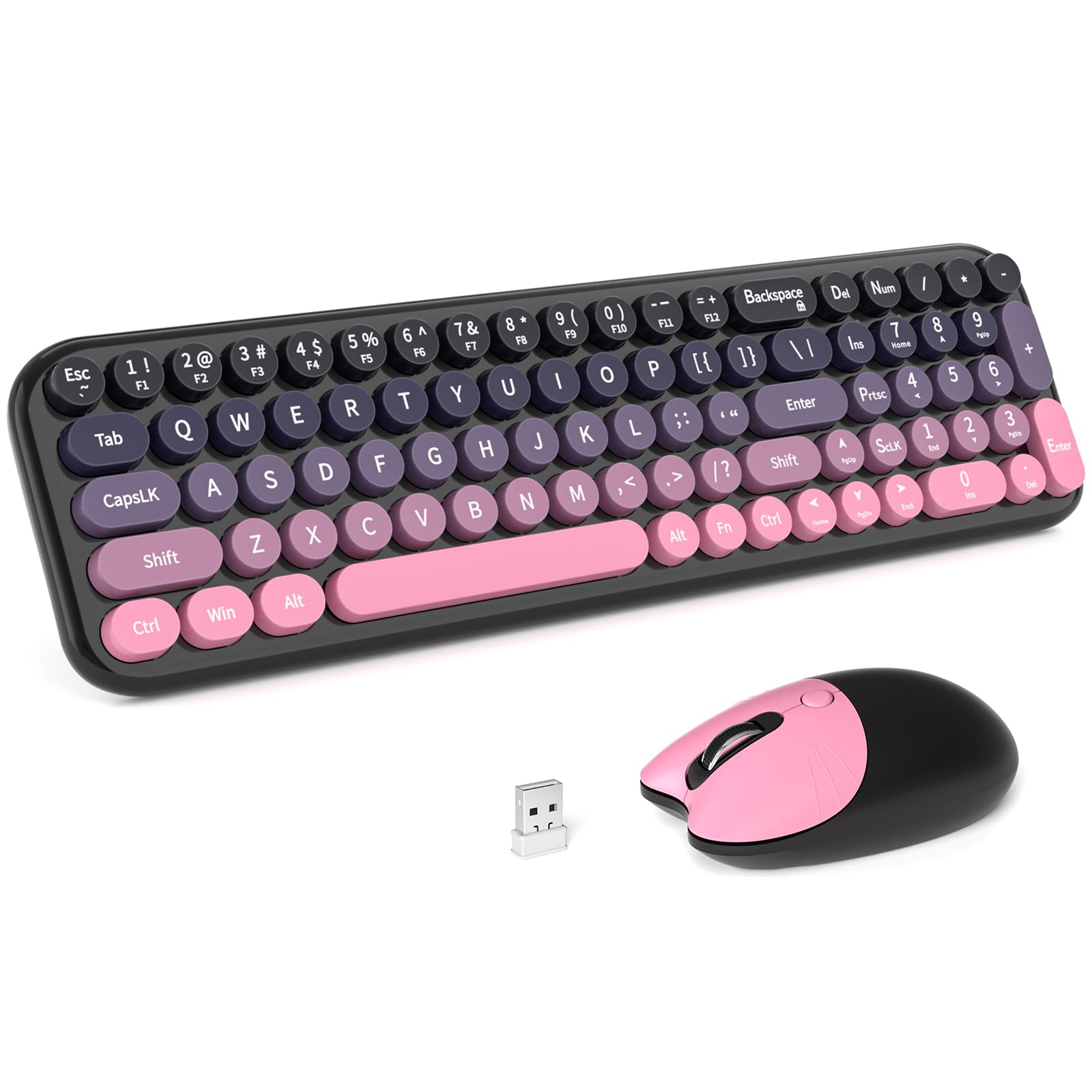 MOFII Wireless Keyboard and Mouse Combo, Compact Typewriter Retro Round Computer Keyboard and Mouse Set, Plug and Play, for Windows, Computer, Desktop, PC, Notebook - Black Green Gradient