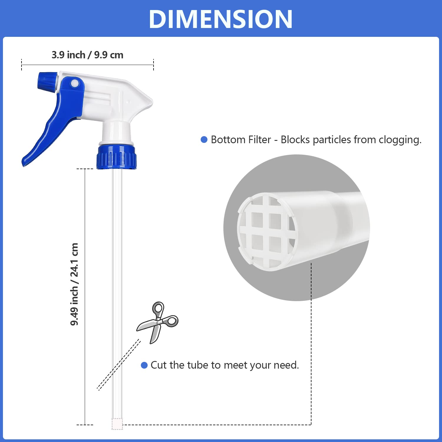 Uineko 6 Pack Universal Spray Bottle Replacement Nozzle, Mist & Stream Trigger Sprayer for 16oz 24oz 32oz Bottles, Heavy Duty Mister Head Part w/ 10.2 Inch Tube for Cleaning Solutions, Car Detailing