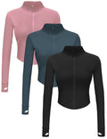 Dalavch 3 Pack Womens Cropped Full Zip up Workout Jacket Slim Fit Running Athletic Gym Yoga Sports Jacket with Thumb Holes