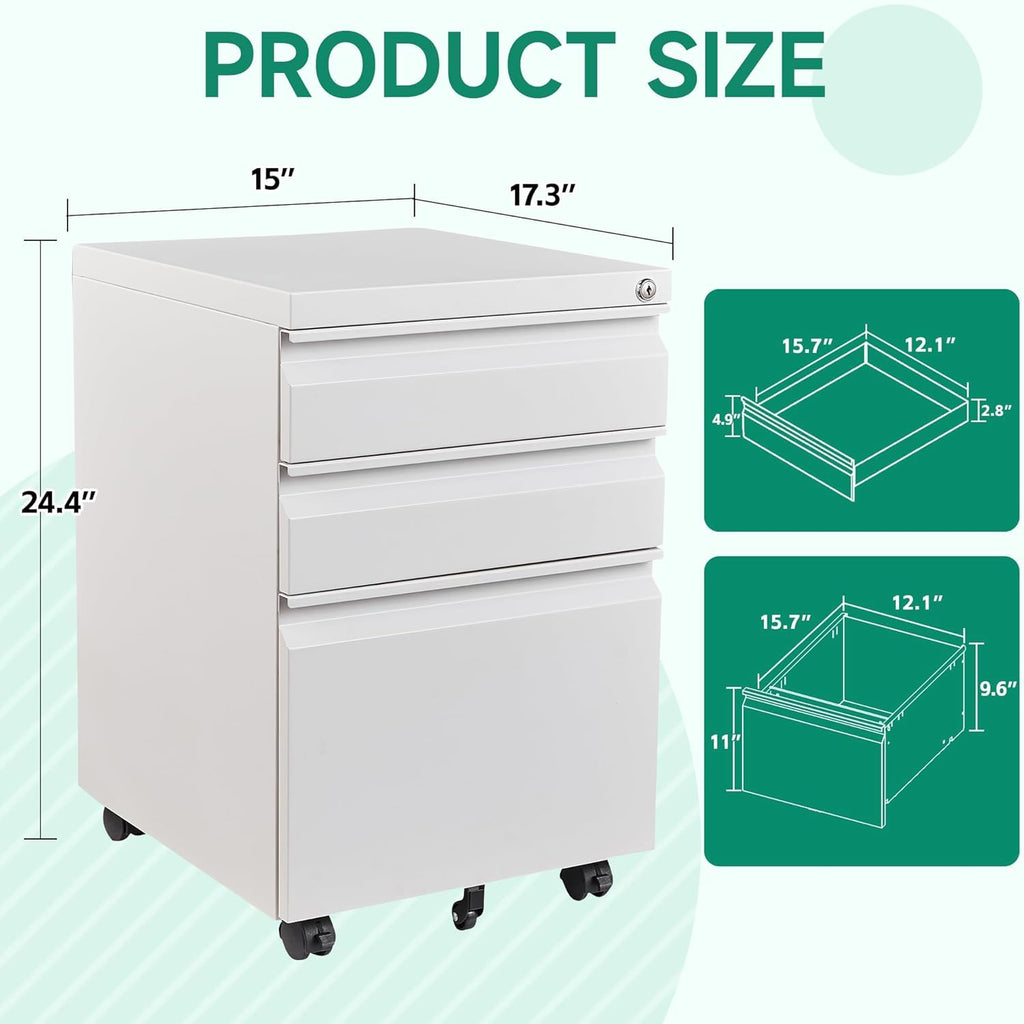 Letaya 3 Drawer Mobile File Cabinet with Lock,Under Desk Metal Small Filing Cabinets for Home Office Organizer Letters/Legal/A4(Fully Assembled Except Wheels-Black)