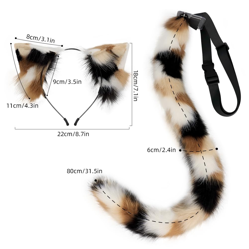 QinRuan Animal Cosplay Costume Accessories Furry Faux Fur Cat Ears Headband and Fox Tail Set Halloween Accessory