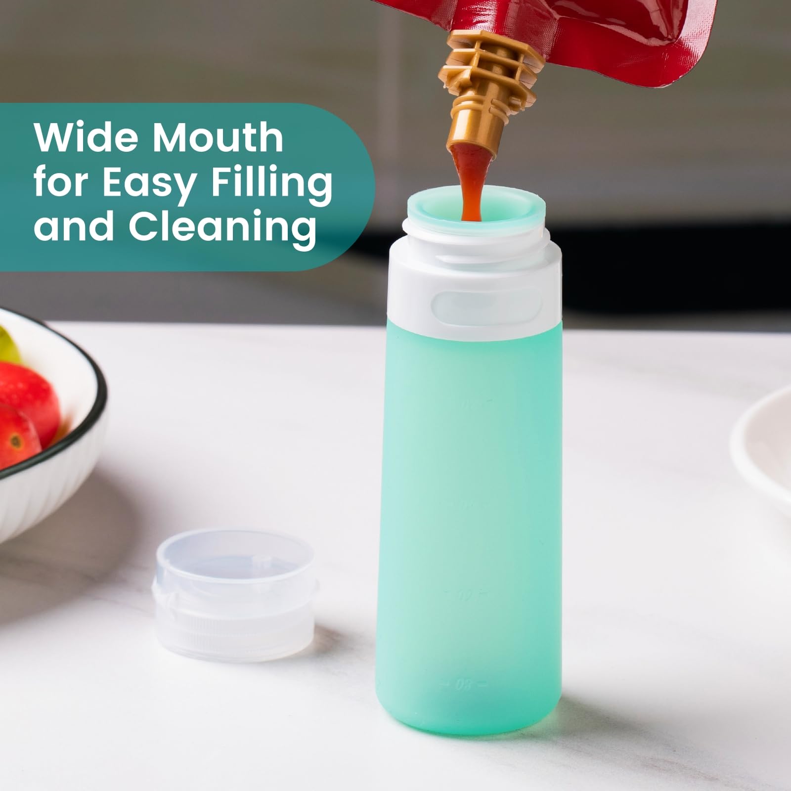 MICEBAY Condiment Squeeze Bottles for Sauces, 1-oz Mini Silicone Salad Dressing Container to Go with Snack Storage Bag, Leakproof Sauce Bottles for Lunch Box, 4 Pack, Blue