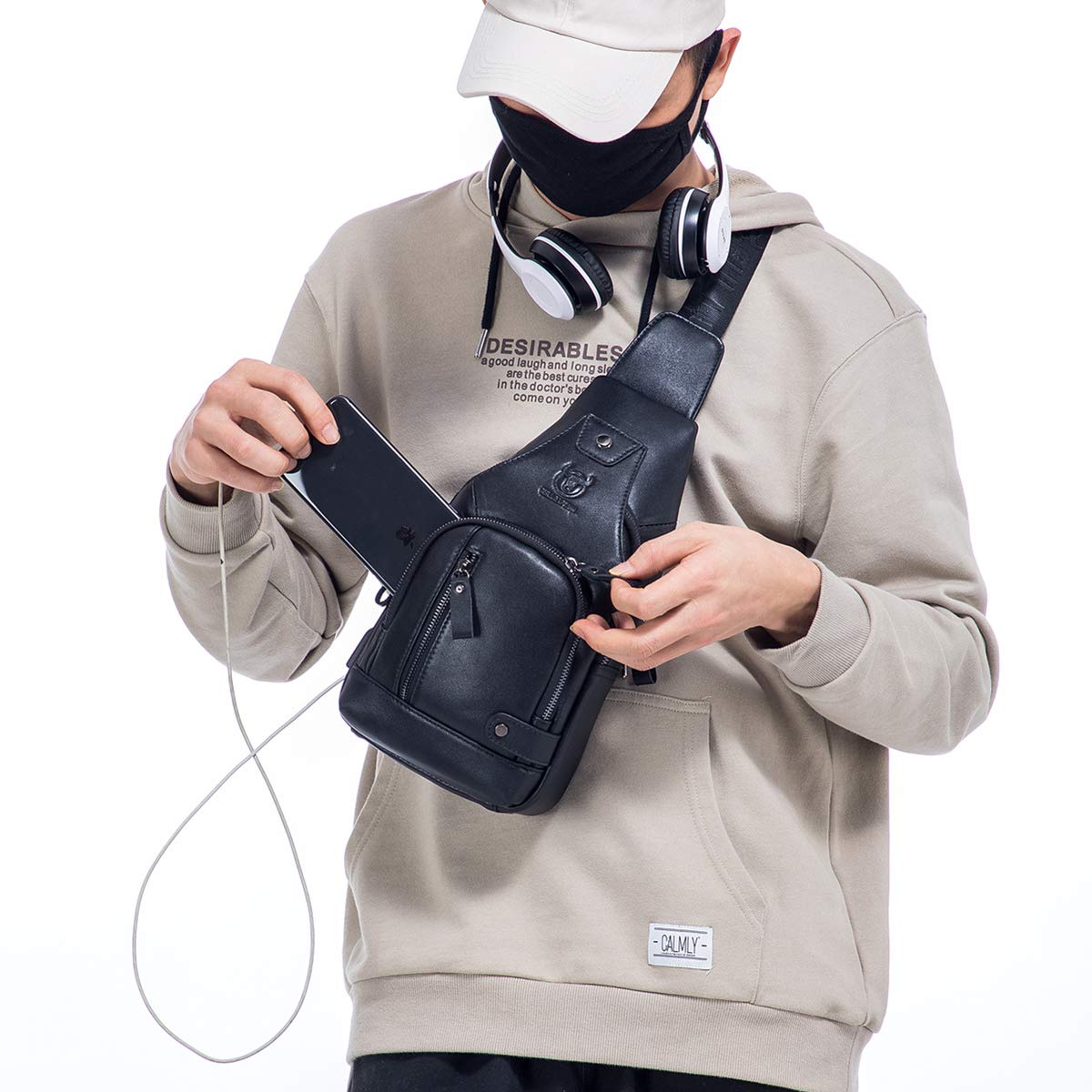 BULLCAPTAIN Genuine Leather Sling Bag for Men XB-129 | USB Charging Port, Multi-pocket, Chest Bag, Hiking Travel Daypack