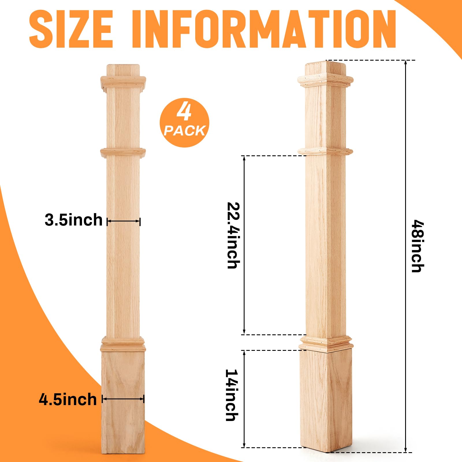 Wonderjune 1 Pcs 48 Inch Red Oak Stair Newel Post with 3 1/2" Post and 4 1/2" Pedestal, Wood Box Newel with Pedestal for Staircase, Plain Style Wood Balusters Interior for Stair Remodeling