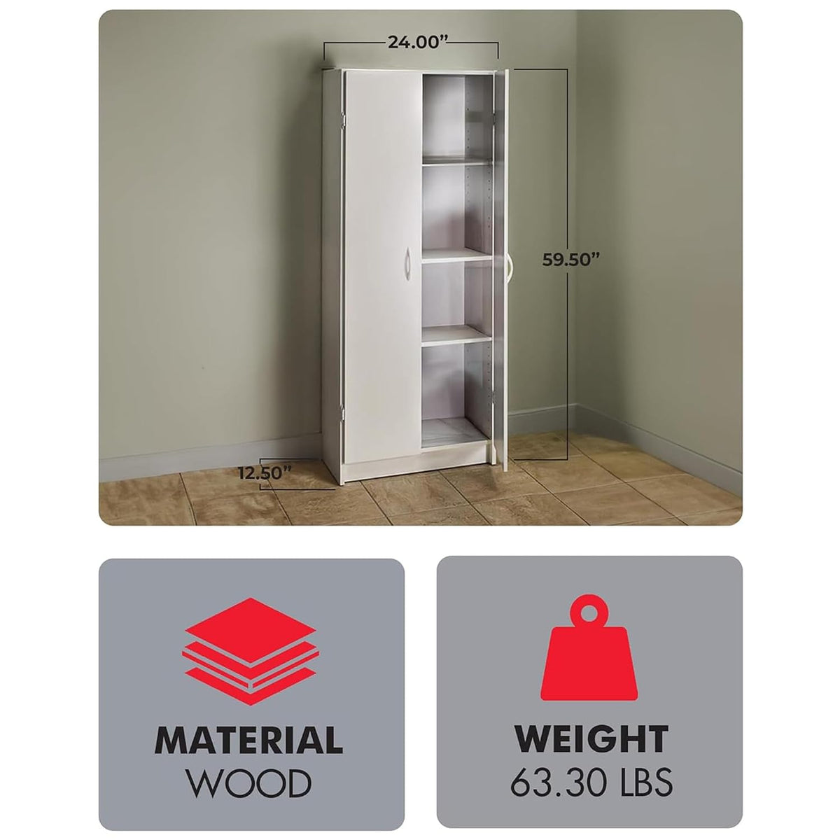 ClosetMaid Pantry Cabinet Cupboard with 2 Doors, Adjustable Shelves, Standing, Storage for Kitchen, Laundry or Utility Room, Natural Gray
