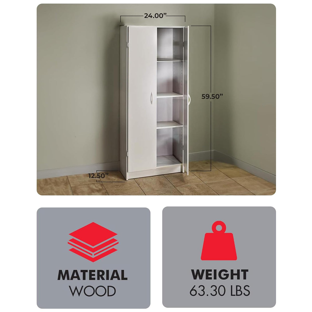 ClosetMaid Pantry Cabinet Cupboard with 2 Doors, Adjustable Shelves, Standing, Storage for Kitchen, Laundry or Utility Room, Natural Gray