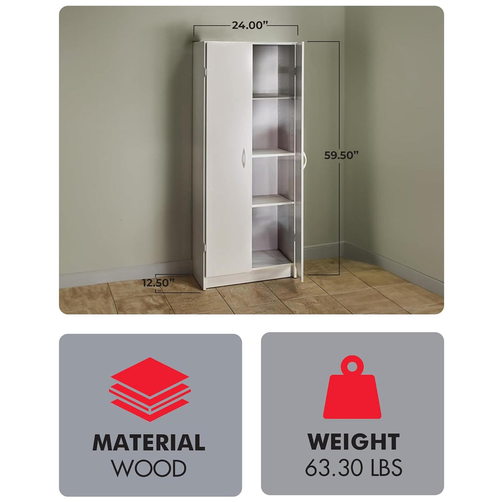 ClosetMaid Pantry Cabinet Cupboard with 2 Doors, Adjustable Shelves, Standing, Storage for Kitchen, Laundry or Utility Room, White