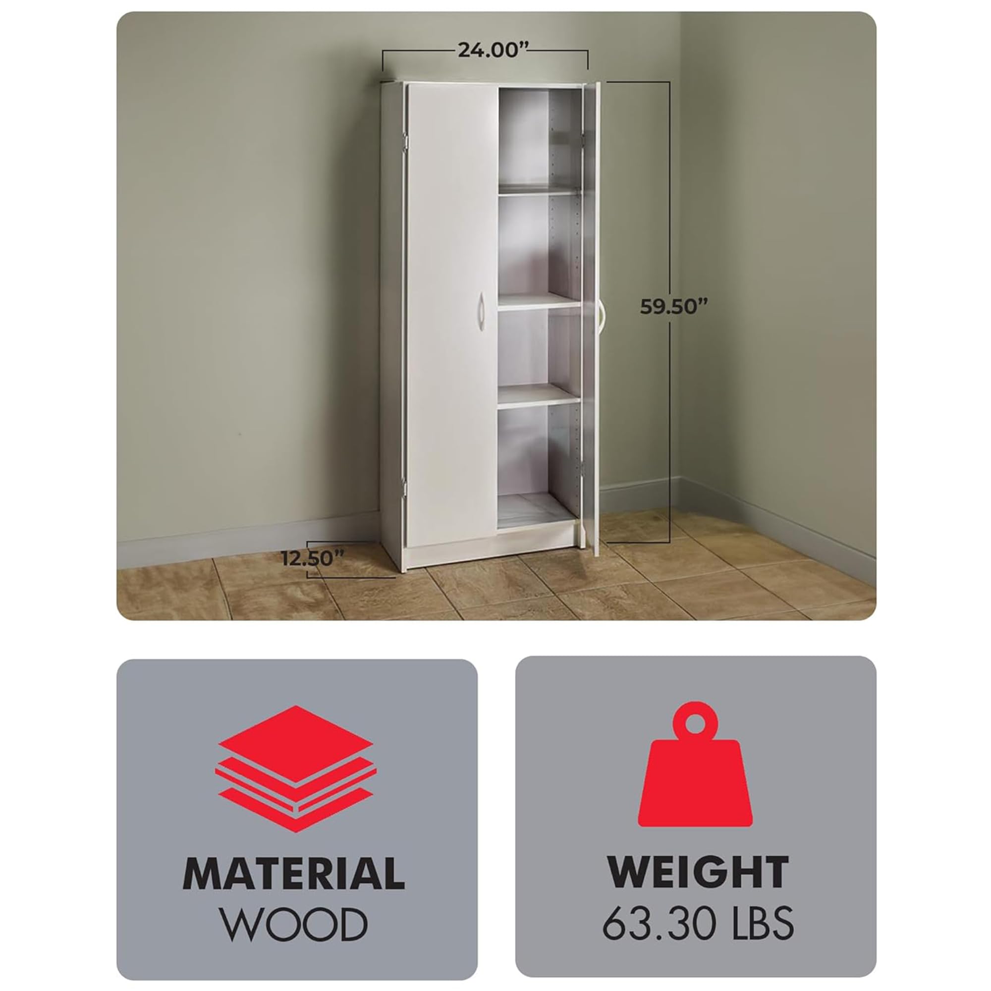 ClosetMaid Pantry Cabinet Cupboard with 2 Doors, Adjustable Shelves, Standing, Storage for Kitchen, Laundry or Utility Room, White