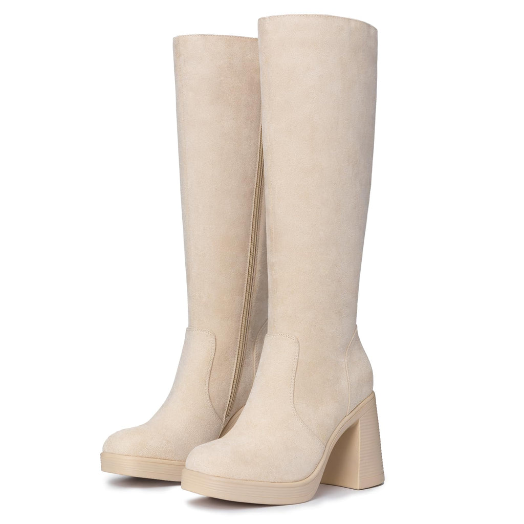 Athlefit Black Knee High Boots for Women Platform Tall Boots Fashion Square Toe Chunky Heeled Booties