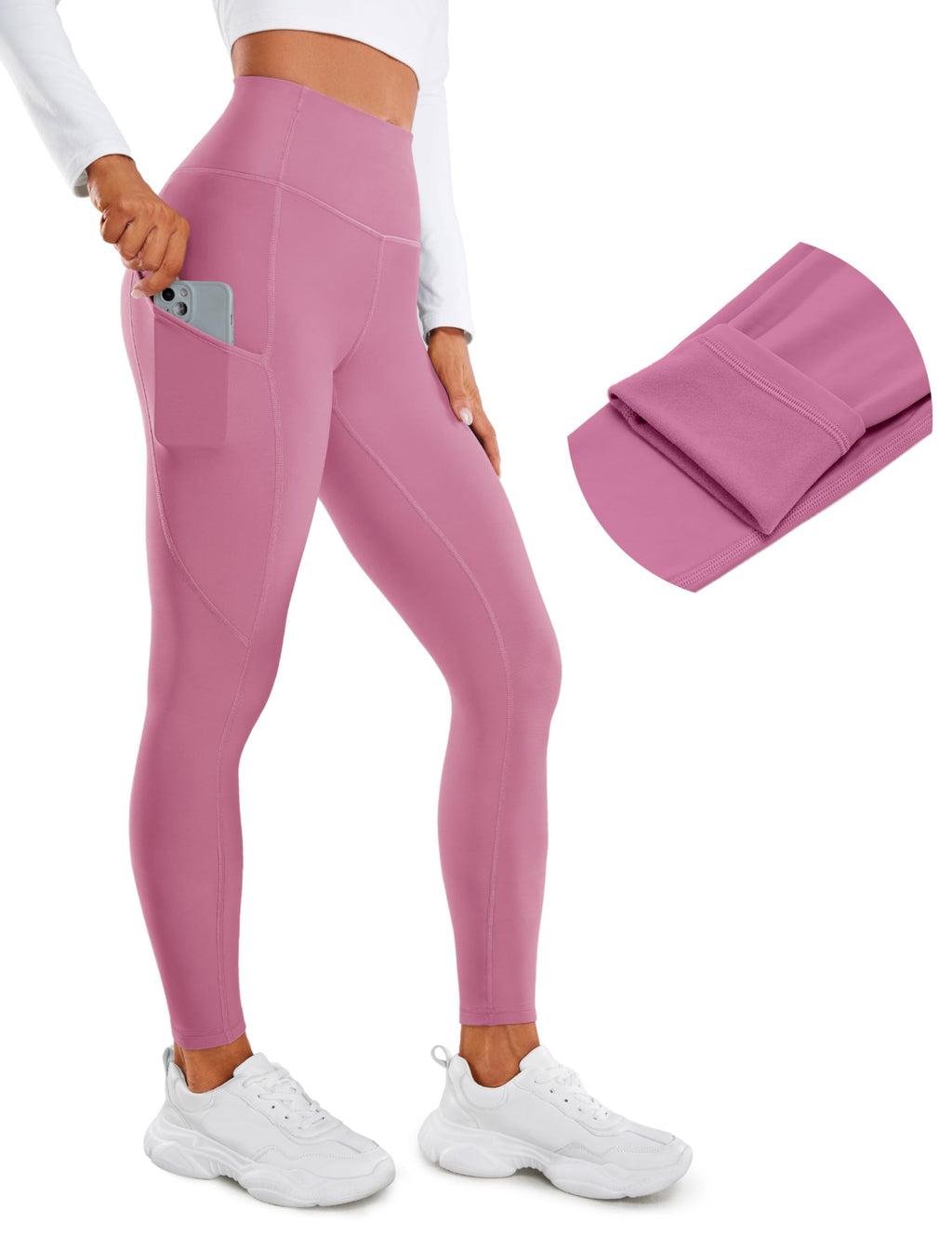 CRZ YOGA Fleece Lined Leggings Pockets 28'' - Thermal Casual Lounge Workout Womens Yoga Full Length Pants Winter Warm