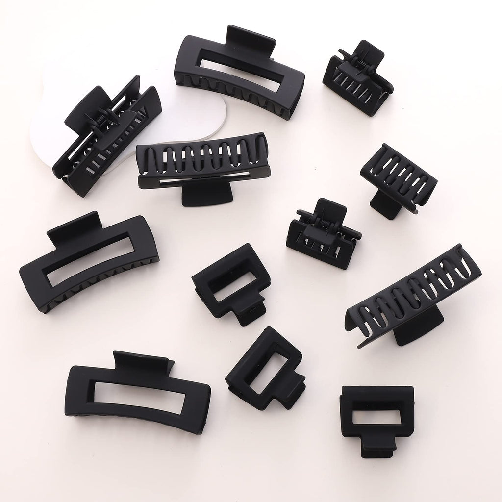 12 Pack Black Square Claw Clips, Big and Small Neutral Rectangle Hair Claw, Non-slip Matte Large Hair Clips for Women,Strong Hold jaw clip for Thick Thin Hair