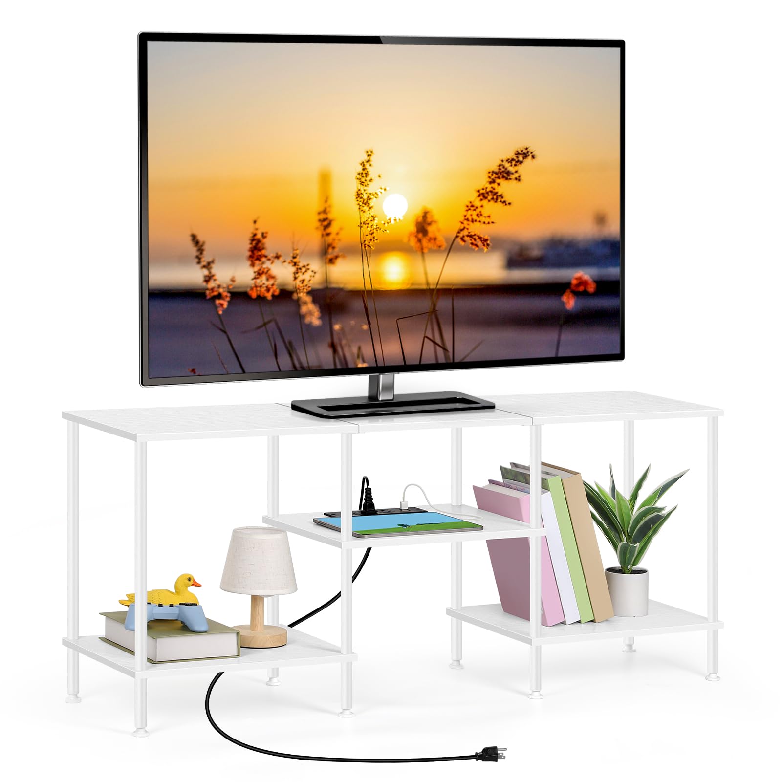 OYEAL Black Bedroom TV Stand with Power Outlets up to 50 inch TV, Small Entertainment Center Stand with Storage Modern Media TV Console Table for Living Room Bedroom
