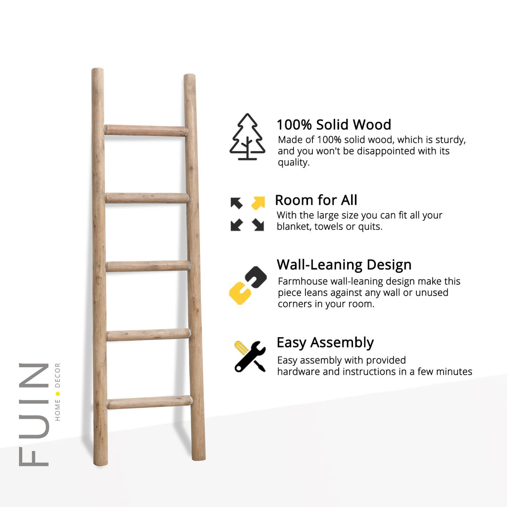 FUIN 57in Wood Blanket Ladder Living Room Decorative Wall Leaning Farmhouse Quilt Display Holder Rustic Wooden Towel Rack for Bathroom, Black