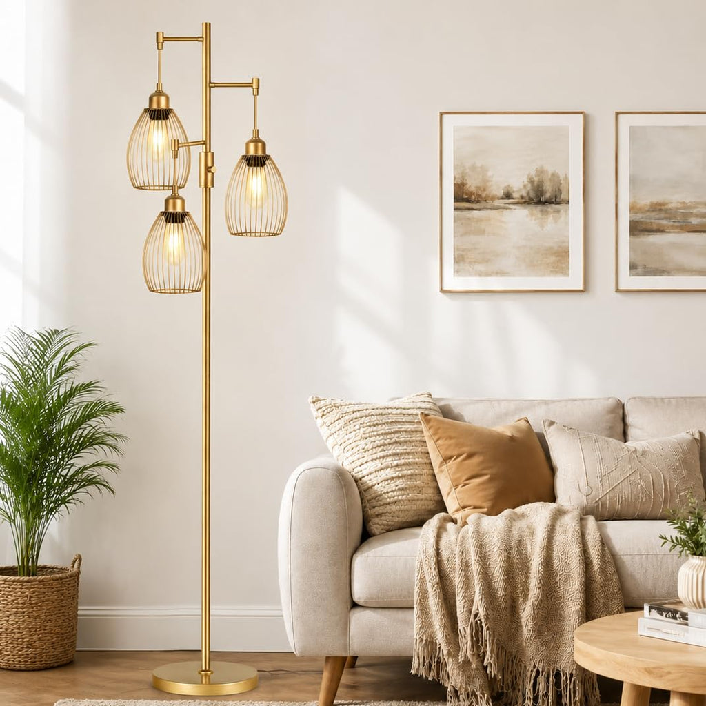 Dimmable Floor Lamp, 3 x 800LM LED Edison Bulbs Included, Farmhouse Industrial Floor Lamp Standing Tree Lamp with Elegant Teardrop Cage Tall Lamps for Living Room Bedroom Office Dining Room-Brass