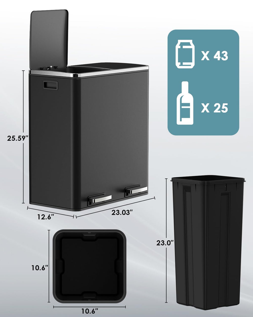 60L(16 Gal) Dual Trash Can, Stainless Steel Kitchen Garbage Can, Double Compartment Classified Rubbish Bin, Recycle Dustbin w/Plastic Inner Buckets, Soft-Close Lid, Airtight, Black