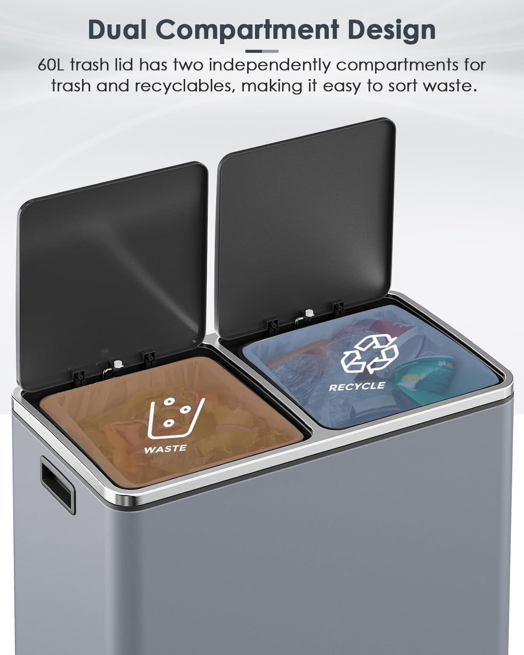 60L(16 Gal) Dual Trash Can, Stainless Steel Kitchen Garbage Can, Double Compartment Classified Rubbish Bin, Recycle Dustbin w/Plastic Inner Buckets, Soft-Close Lid, Airtight, Black