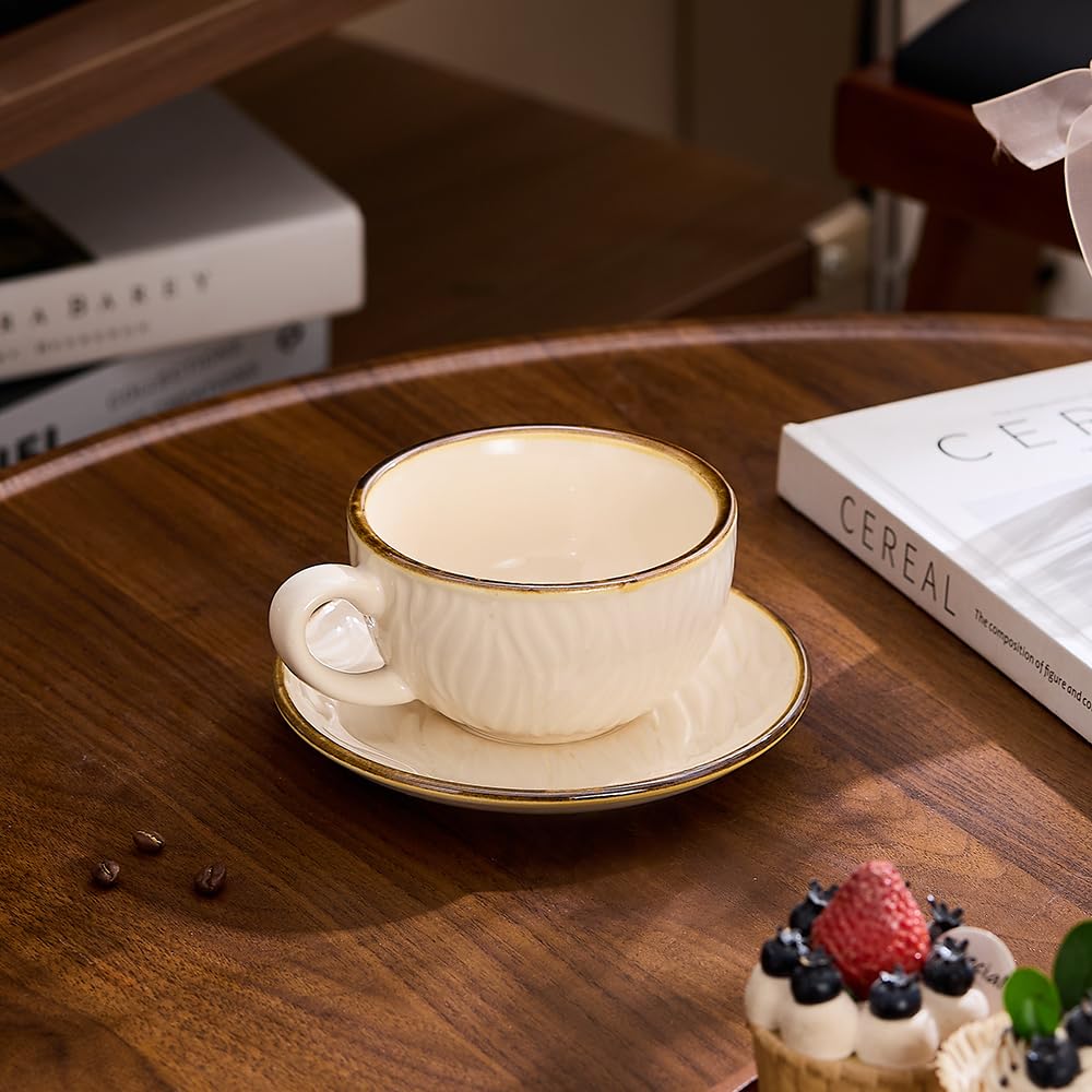 Coffeezone Vintage Design 12 oz Ceramic Latte Art Cappuccino Barista Cup with Saucer (Beige)