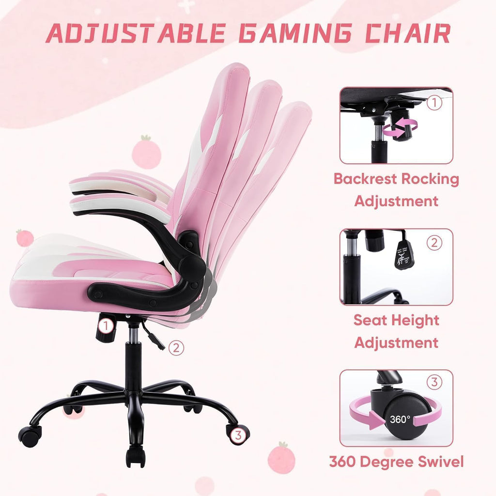 OLIXIS Computer Gaming Desk Chair - Ergonomic Video Game with Comfy Lumbar Support and headrest, PU Leather with Flip-up Arms, Adjustable Height and Swivel Wheels, for Adults, Black