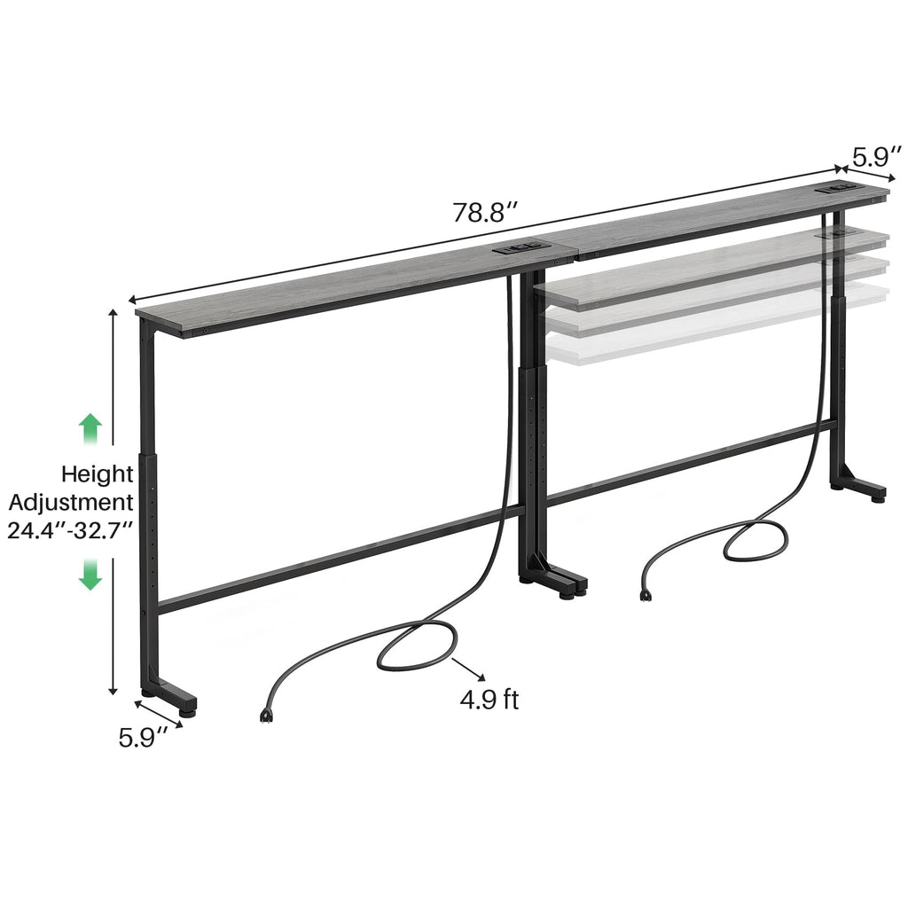 Kitstorack Narrow Sofa Table with Charging Station, 78.8" Behind Couch Table, Adjustable 24.4"-32.7" Height, Modular 2-piece Design for sectionals, entryways, Apartments, and Narrow Living Spaces