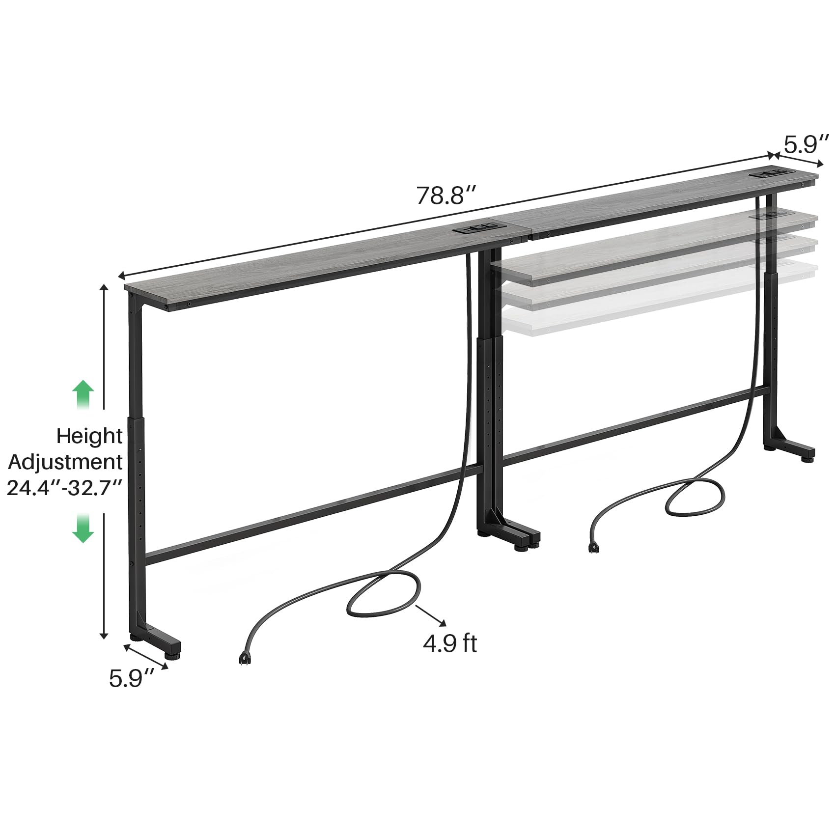 Kitstorack Narrow Sofa Table with Charging Station, 78.8" Behind Couch Table, Adjustable 24.4"-32.7" Height, Modular 2-piece Design for sectionals, entryways, Apartments, and Narrow Living Spaces