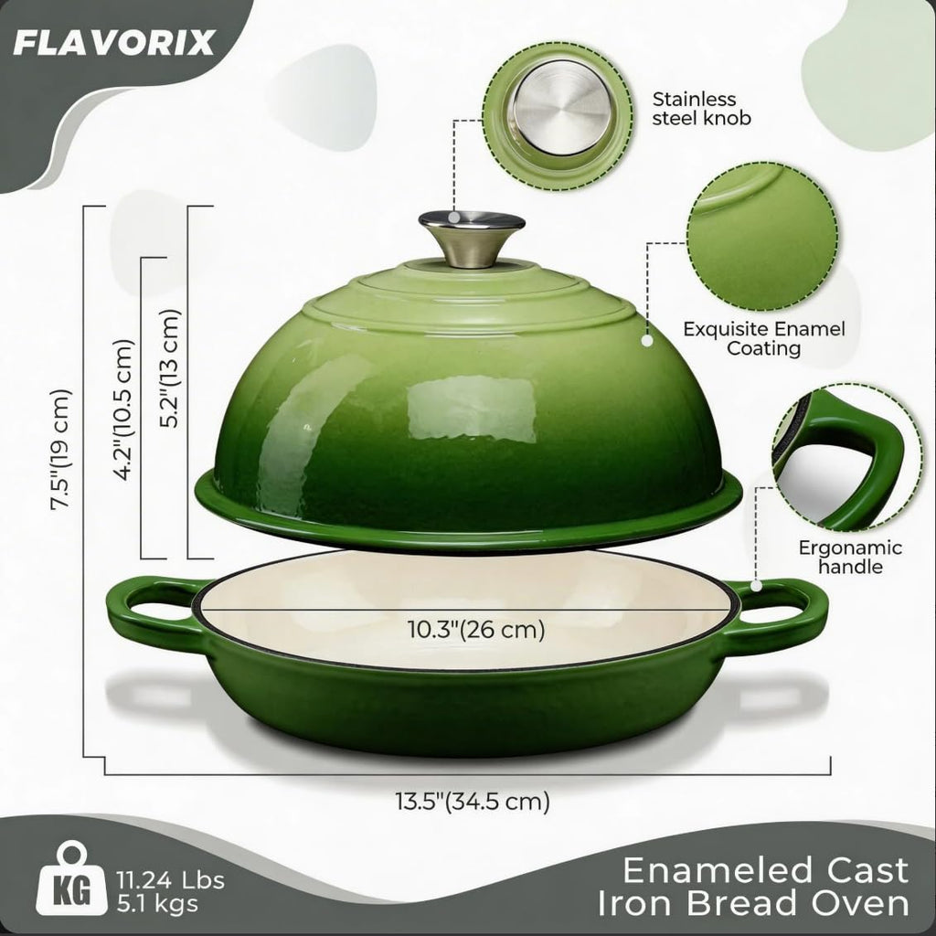 Cast Iron Bread Oven for Sourdough, 6Qt Bread Baking Pan with Lid, Enameled Sourdough Dutch Oven for Bread Baking, Oven Safe up to 482℉, Green