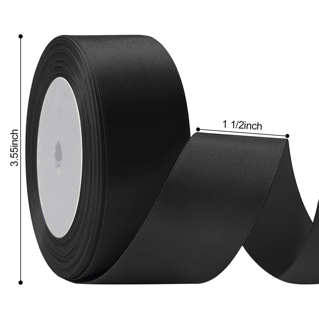 Flezoo 25 Yards Black Satin Ribbon 1 1/2inch, Single Face Polyester Silk Fabric Hair String Ribbon for Craft, Flower Bouquets, Gift Wrapping, Wedding, Bow Making and Valentines Decoration