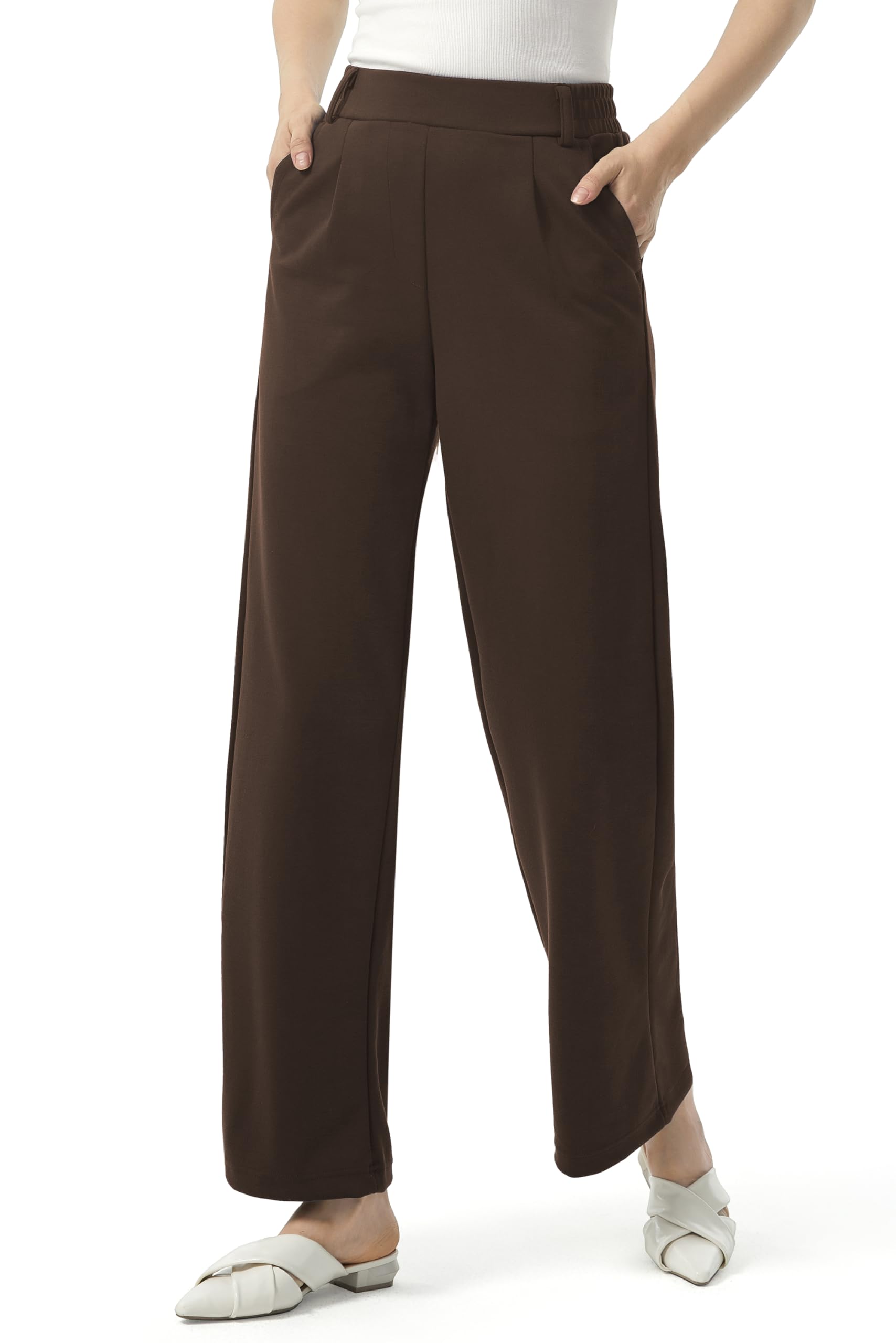 AFITNE Womens Wide Leg Work Pants High Waist Pull On Dress Pants Elastic Waistband Casual Slacks with Thick Fabric