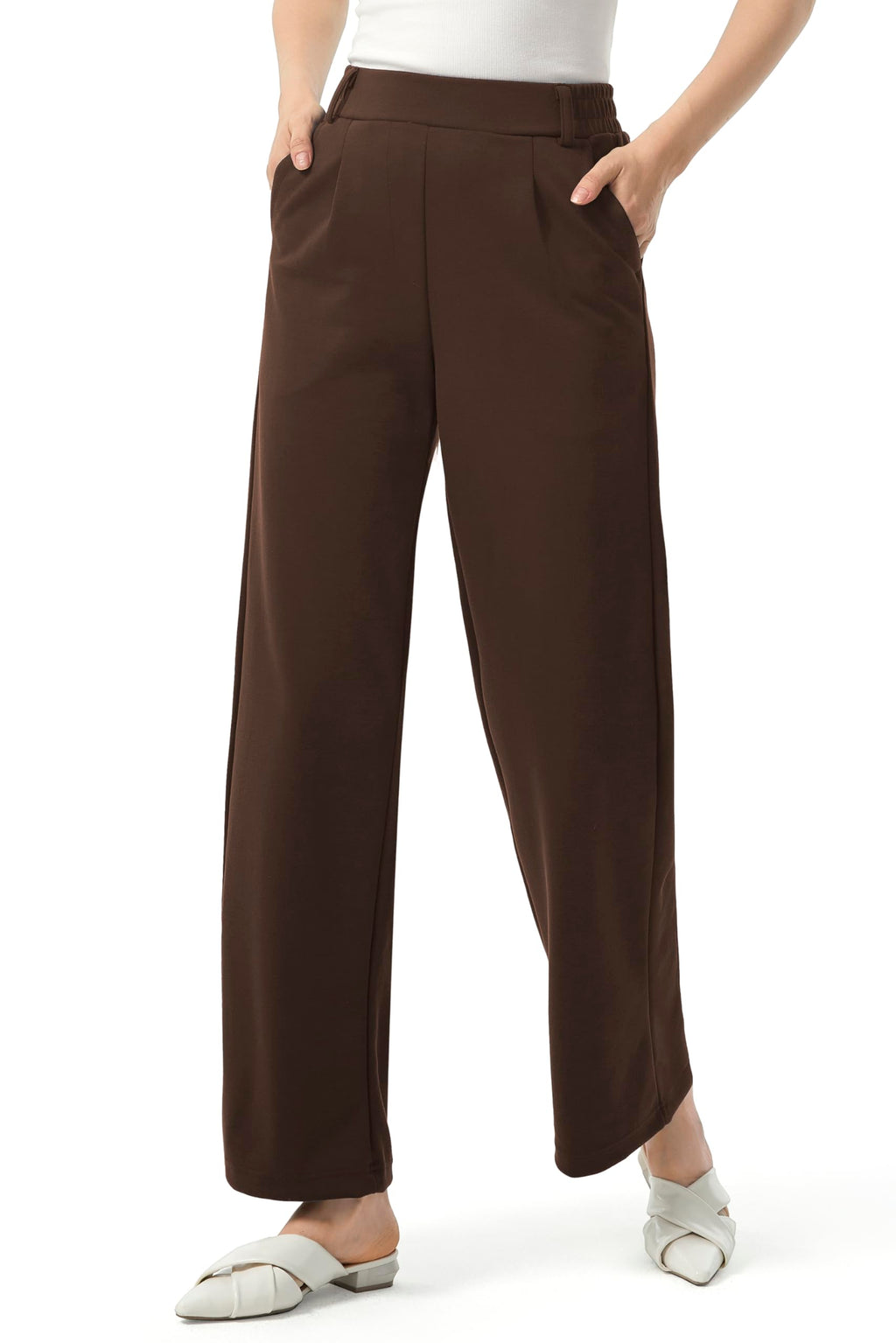 AFITNE Womens Wide Leg Work Pants High Waist Pull On Dress Pants Elastic Waistband Casual Slacks with Thick Fabric