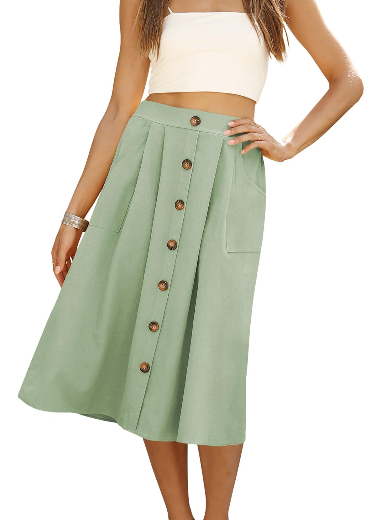 Naggoo Womens Summer Skirts Casual Front Button A-Line High Waisted Midi Skirt with Pockets