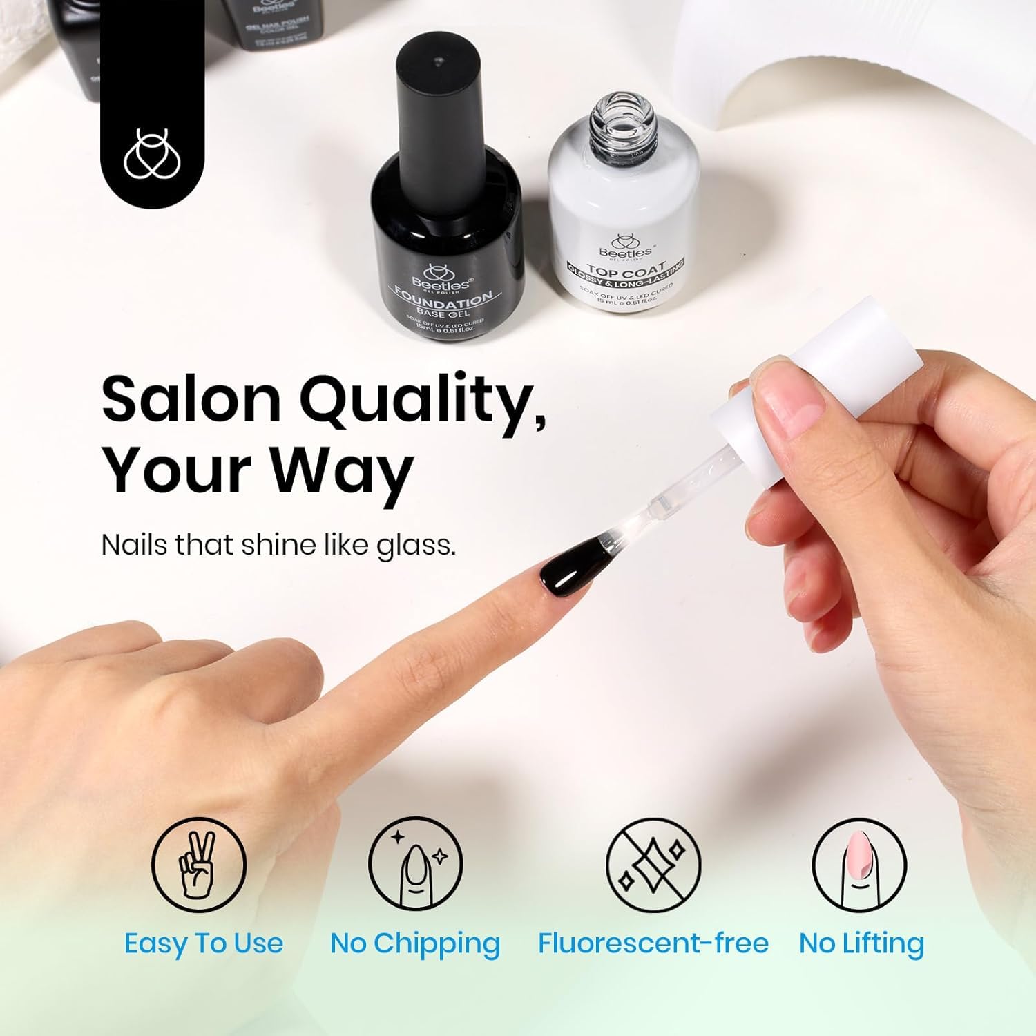 Beetles 2Pcs 15ml Gel Base and Top Coat Set - Upgrade No Wipe Extra Glossy Top Coat Finish for Gel Nail Polish, Soak Off UV/LED Lamp Needed, Essentials for Long-Lasting Manicure Kit