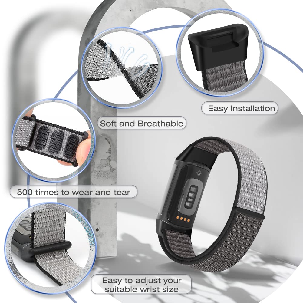 Sport Loop Nylon Watch Bands Compatible with Fitbit Charge 6/5, Adjustable Breathable Replacement Soft Nylon Loop Wristband for Women/Men