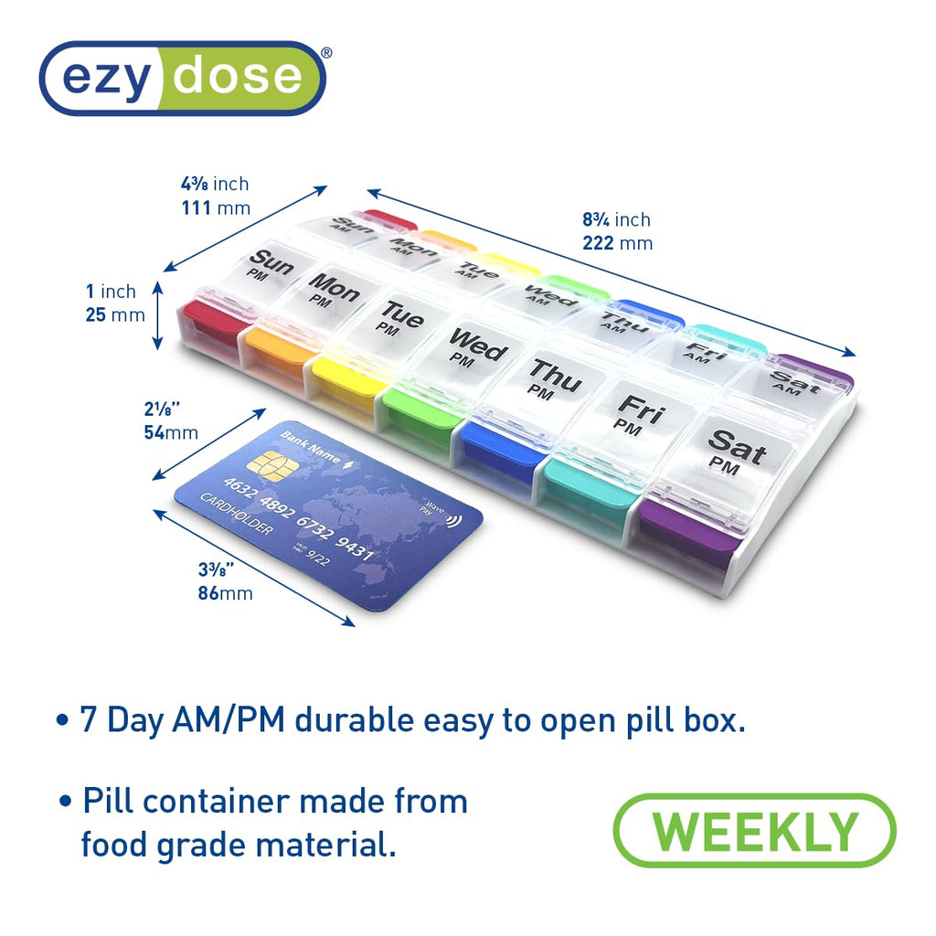 EZY DOSE Push Button (7-Day) Pill Case, Medicine Planner, Vitamin Organizer, 2 Times a Day, AM/PM Container, X-Large Compartments, Arthritis Friendly, Easy to Use, Transparent Lids, Black, BPA Free