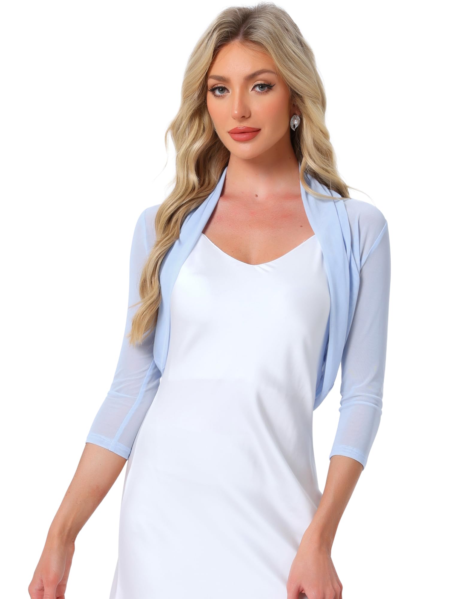 Allegra K Women's 3/4 Sleeve Sheer Mesh Shrug Open Front Cropped Bolero Cardigan