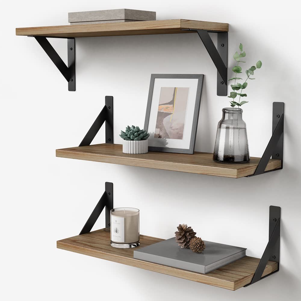 Forbena 12 Inch Deep Floating Shelves for Wall, Wide Black Wall Mounted Shelves for Bedroom Office Books Plants, Large Hanging Shelf for Living Room Bathroom Kitchen Closet Pantry Storage (3-Pack)