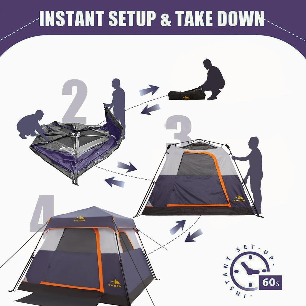 3/4 Person Camping Tent with 1 Door, 4 Windows, and Upgraded Ventilation– Instant Setup, Waterproof, 8'x 8'x 67''Oxford Fabric Floor Pop Up in 60 Seconds Includes Rainfly and Backpack
