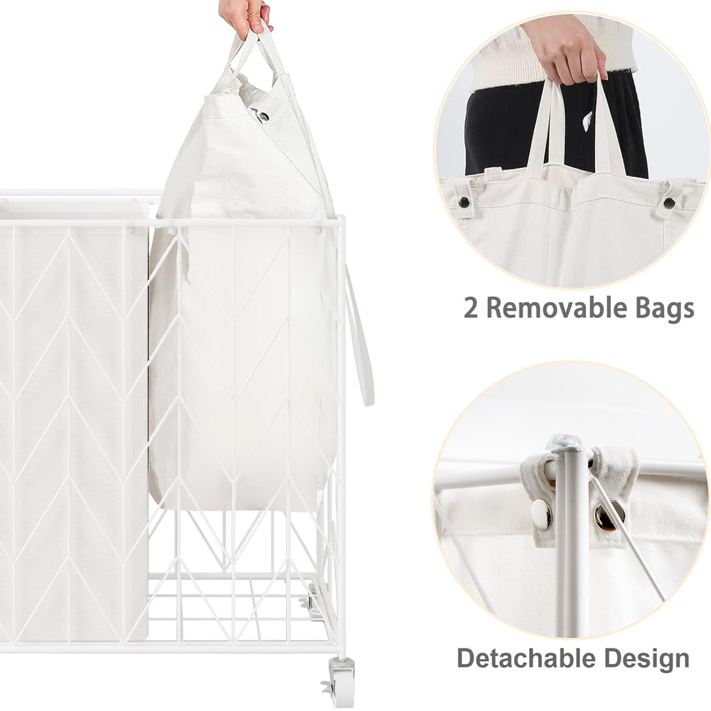 WOWLIVE Laundry Basket with Wheels, Heavy Duty Laundry Hamper with Wood Lid, Clothes Hamper with Divided Removable Liner Bag, Large Capacity Iron-Made Laundry Sorter Laundry Room Organization (Beige)