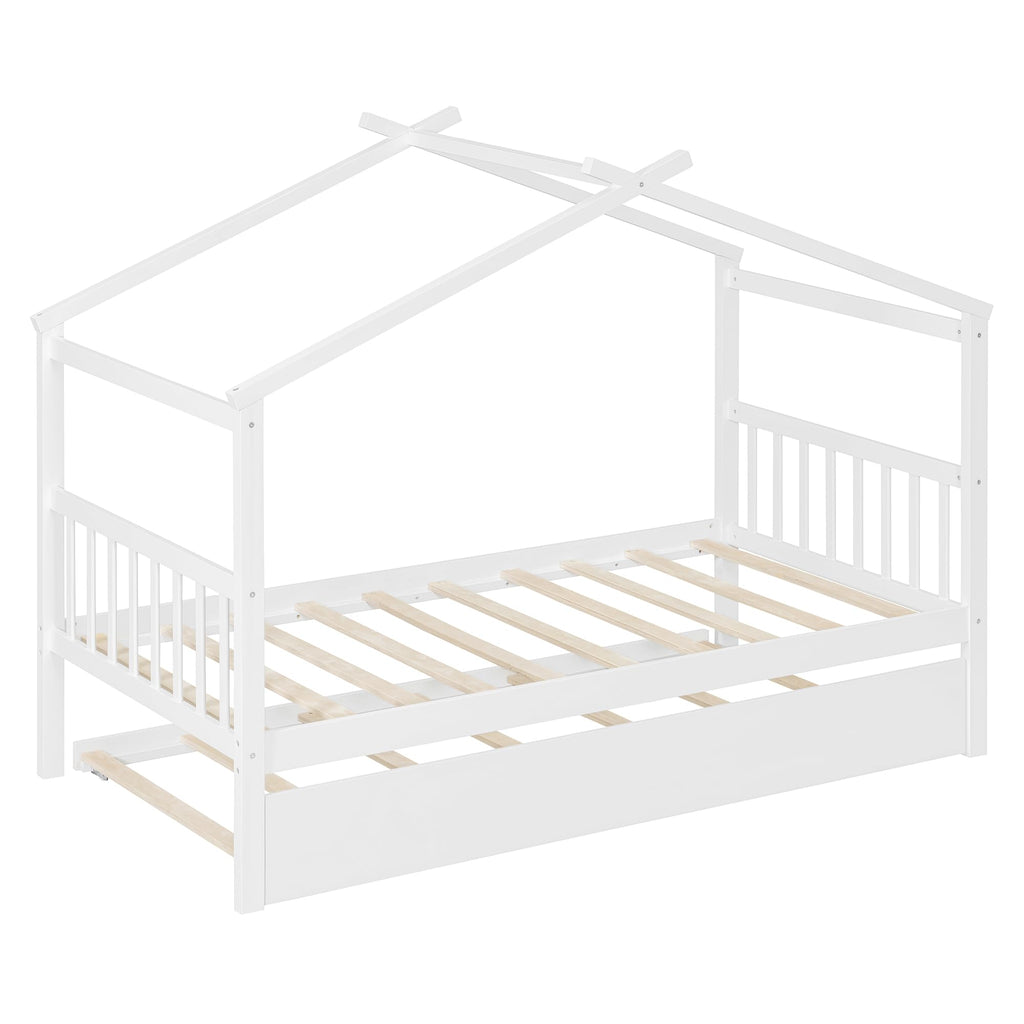 Merax Twin Size Wooden House Bed with Two Drawers, Wood Bed Frame with Roof for Kids, Teens, Boys or Girls, Grey
