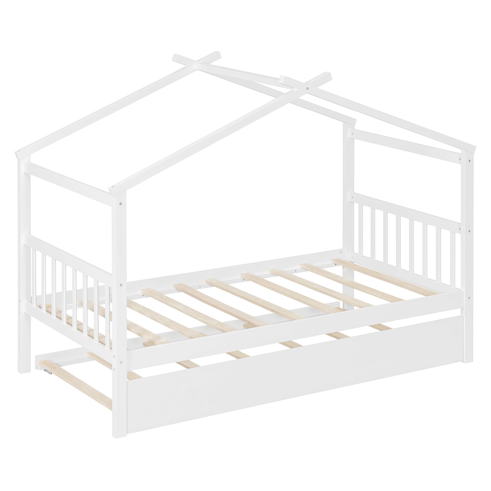 Merax Twin Size Wooden House Bed with Two Drawers, Wood Bed Frame with Roof for Kids, Teens, Boys or Girls, Grey