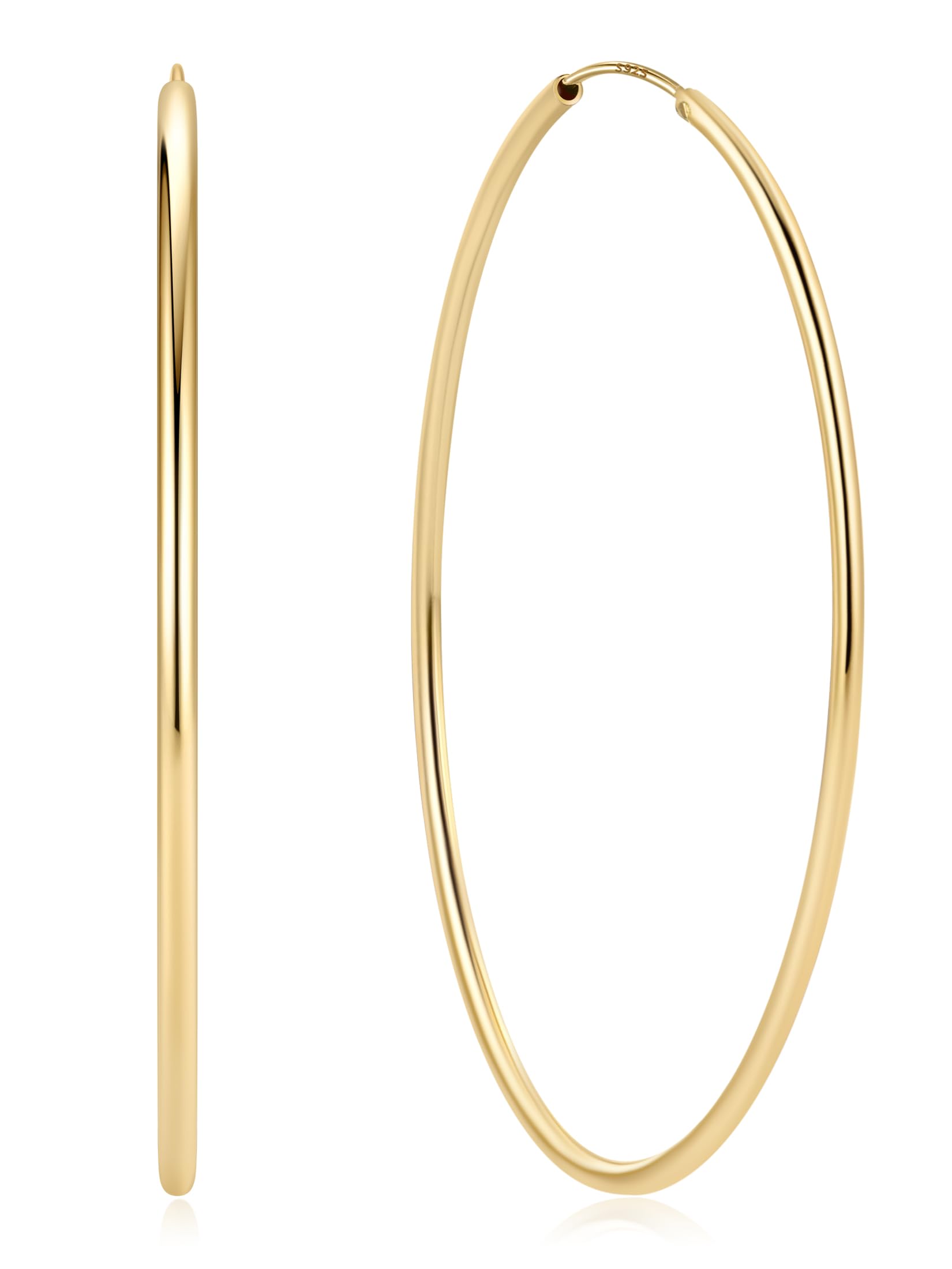 ChicSilver 925 Sterling Silver Hoop Earrings for Women Hypoallergenic, Lightweight Large Gold Plated Silver Hoop Earrings, Endless Hoops Earring 20/30/40/50/60/70MM