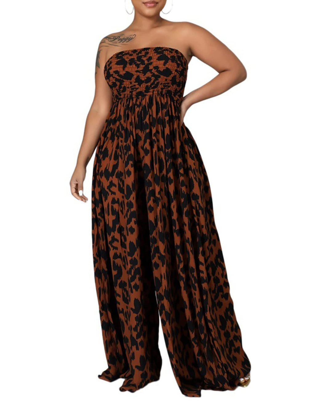 Ophestin Women's Strapless Tube Wide Leg Jumpsuits Smocked Women Jumpsuits Dressy Casual Flowy One Piece Jumpsuits Rompers