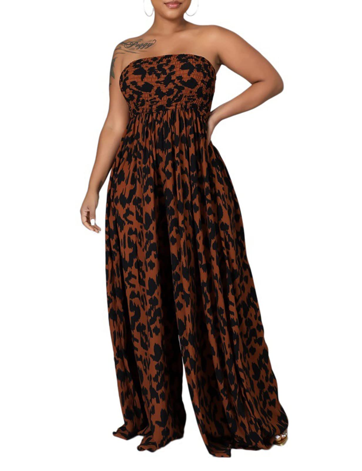 Ophestin Women's Strapless Tube Wide Leg Jumpsuits Smocked Women Jumpsuits Dressy Casual Flowy One Piece Jumpsuits Rompers