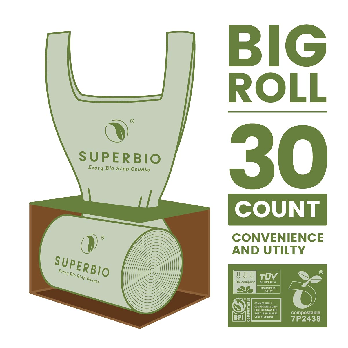 SUPERBIO 1.6 Gallon Handle Tie Compostable Food Scrap Bags, Small Compost Bags with Handles, 50 Count, 2 Pack, BPI & OK compost INDUSTRIAL