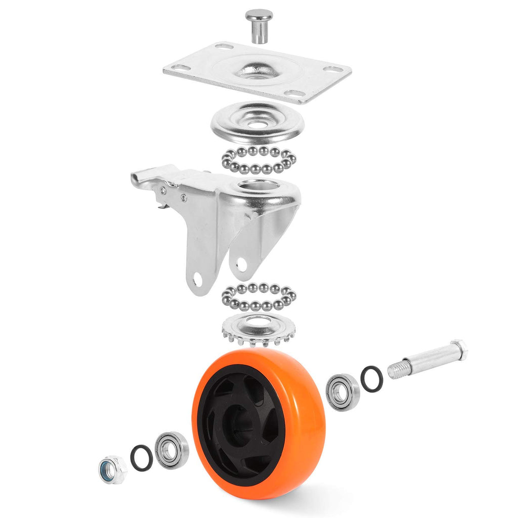 W B D WEIBIDA 2" Plate Caster Wheels Heavy Duty 600 Lbs Load Capacity Swivel Casters with Brake Set of 4, Safety Dual Locking, No Noise Wheels for Furniture, Carts (Screws and Screwdriver)