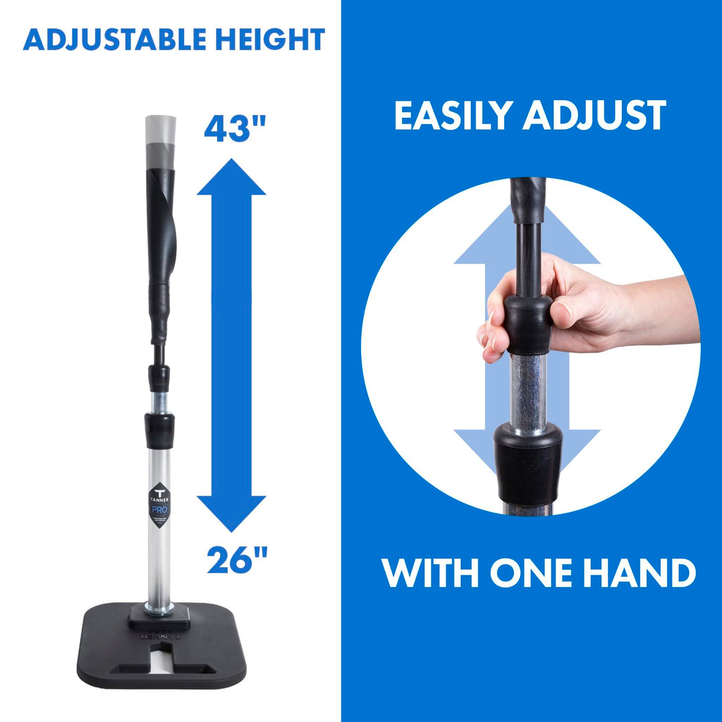Tanner Pro Batting Tee | Pro Style Weighted Hitting Tee for Baseball Softball Slow Pitch | Adjusts 26-43” | Age 8 up| Weighted Base, Hand Rolled Flextop, Reinforced Steel Stem | Hand Assembled in US