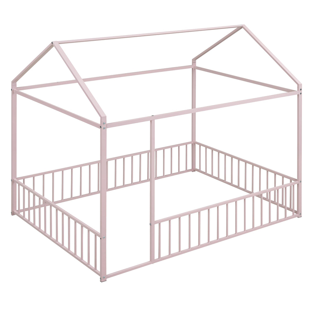 Bellemave Twin Size Montessori Floor Bed, Metal House Bed Framefor Kids, Montessori Floor Beds with Fence, Playhouse for Kids,Black