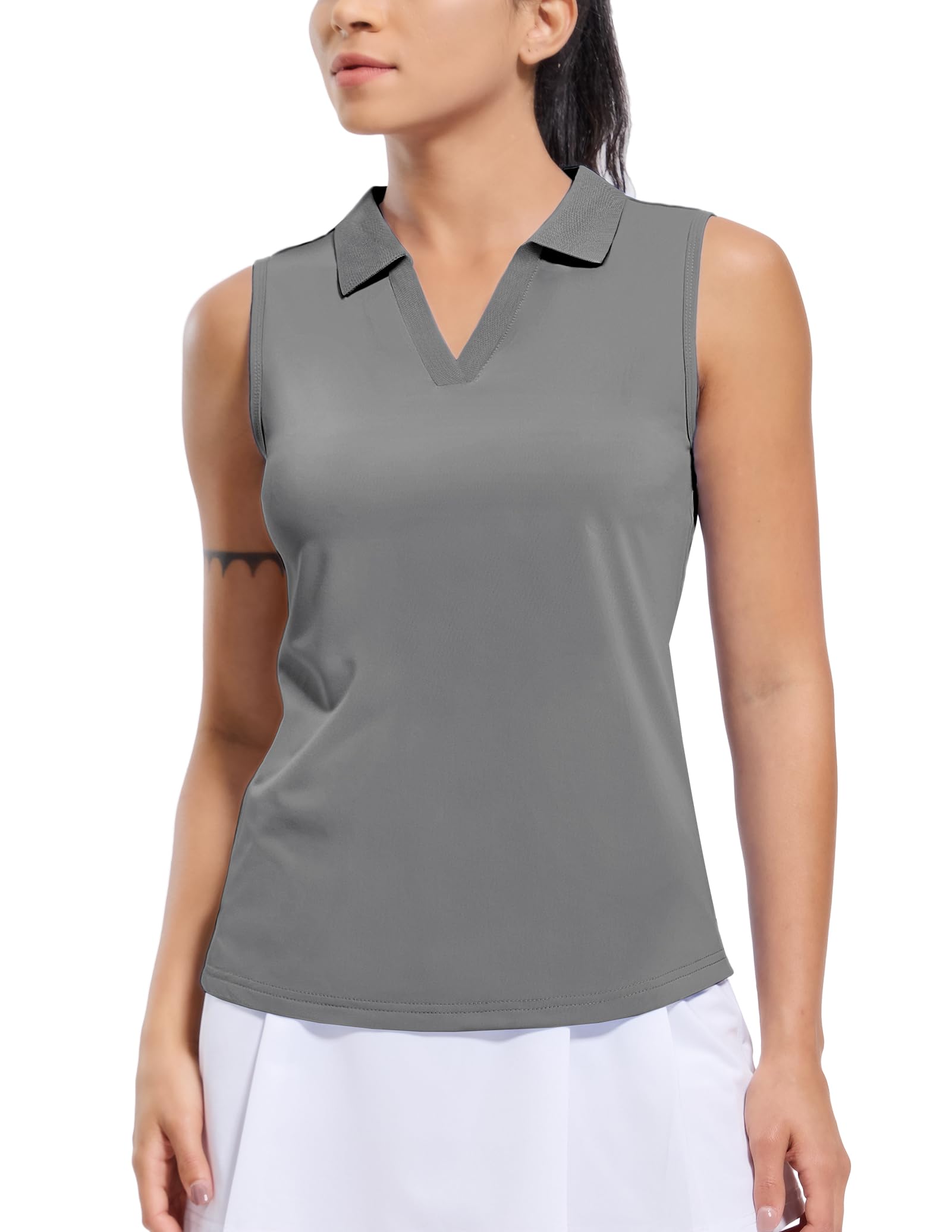 MIER Women's Sleeveless Golf Polo Shirts Dry Fit Collared Tank Tops V Neck Ribbed Athletic Tennis Shirt, Moisture Wicking