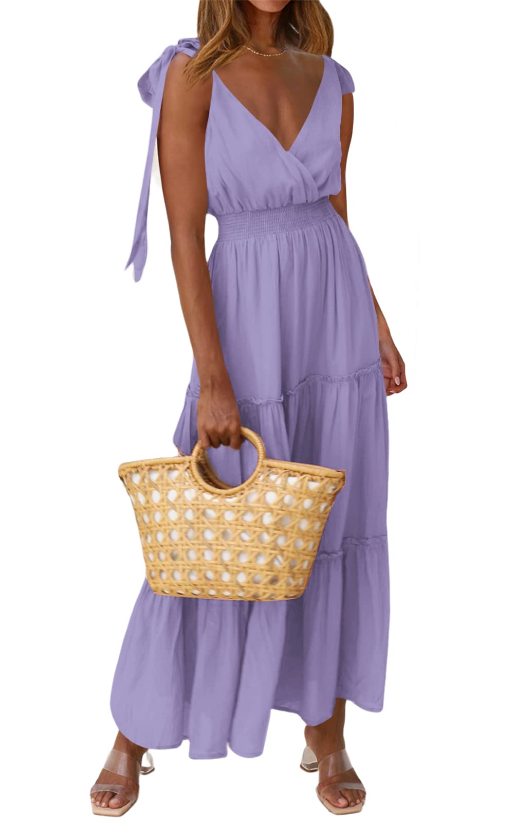 PRETTYGARDEN Women's Cross Neck Summer Sleeveless Tiered Maxi Dress Beach Tie Strap Smocked Long Dresses Pleated Sundress
