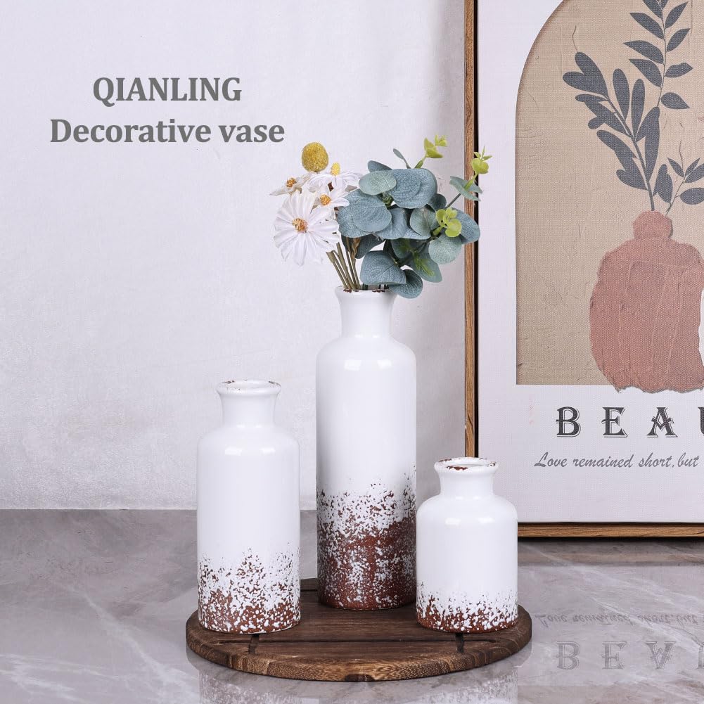 Ceramic Vase Set - 3 Ceramic Small Vases, Farmhouse Country Flower Vase Home Decor, Living Room Decoration, Table Decoration, Fireplace Decor, and Entrance Decorations Centerpieces